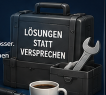 Werkzeugkoffer mit Aufschrift Lösungen statt Versprechen